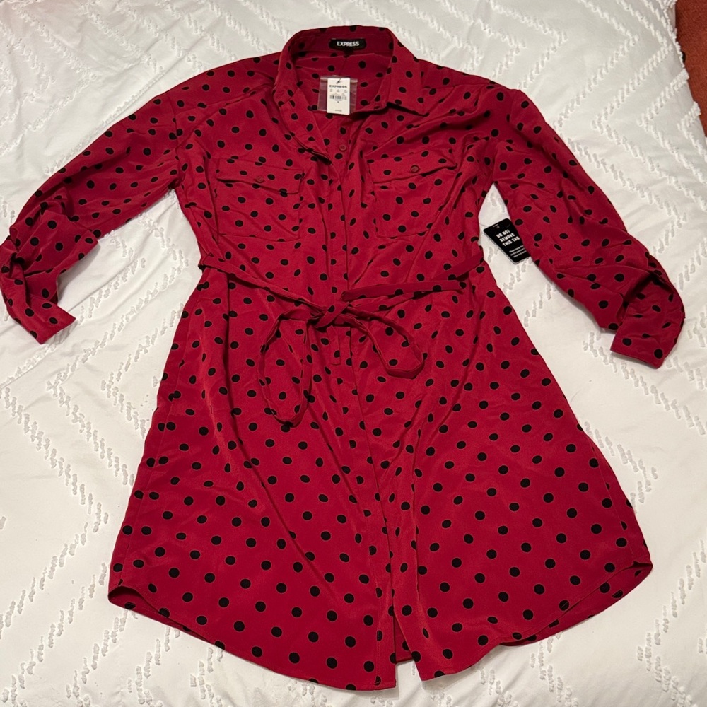 Express Red Polka Dot Long Sleeve Shirt Dress with Waist Tie